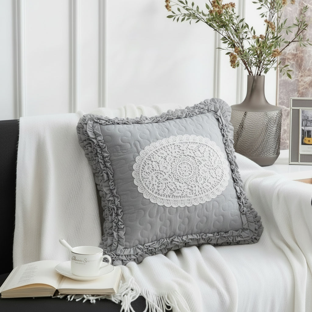 'Frills & Lace' cotton cushion cover