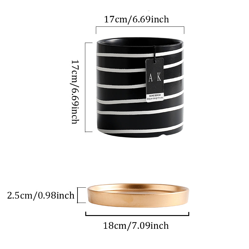 'Straight Around' ceramic flower pot with saucer